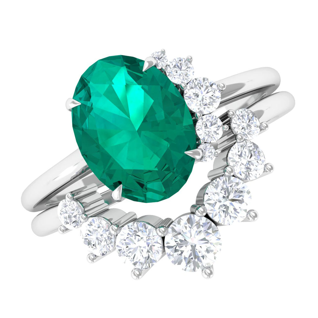 2 CT Oval Emerald and Diamond Wedding Ring Set Emerald - ( AAA ) - Quality - Rosec Jewels