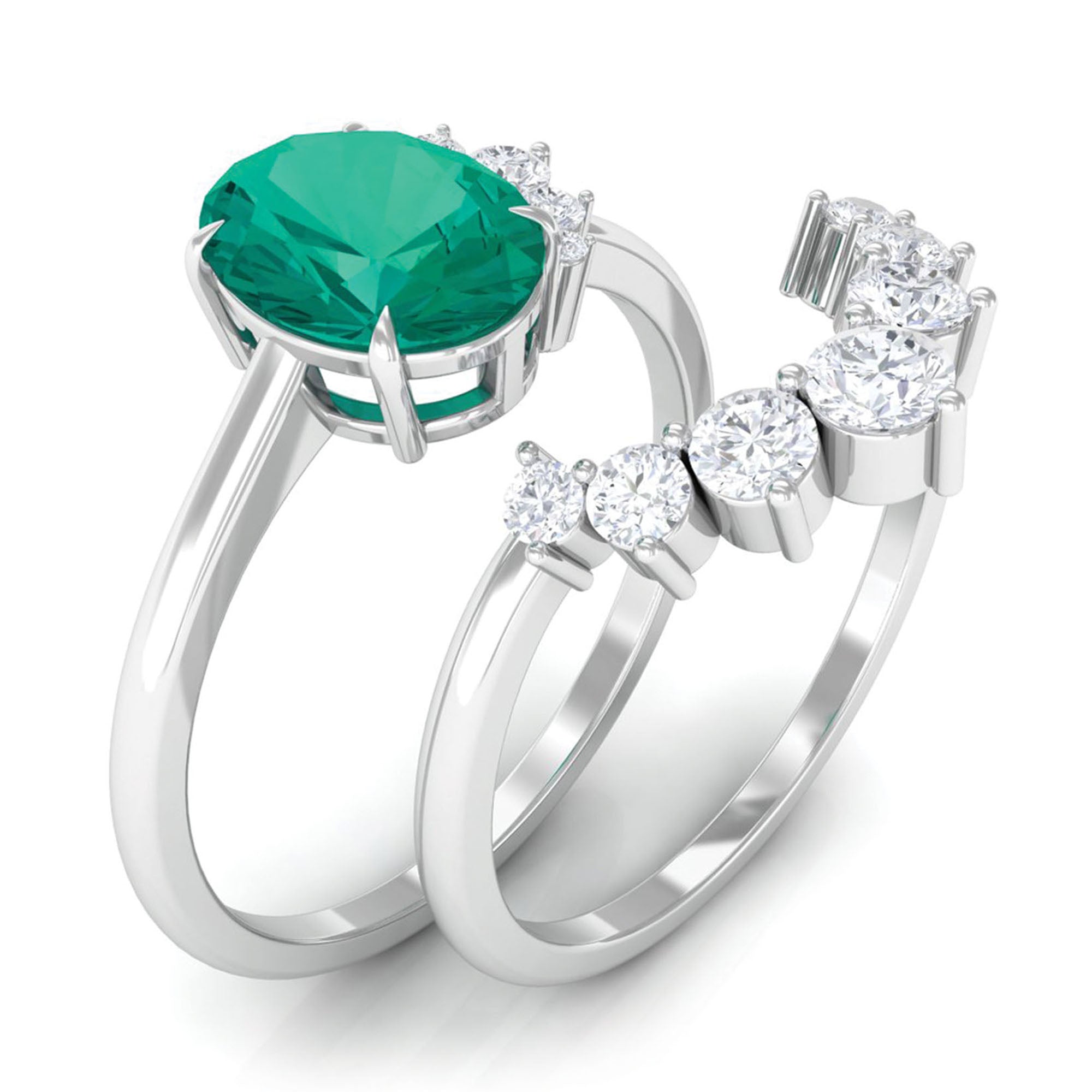 2 CT Oval Emerald and Diamond Wedding Ring Set Emerald - ( AAA ) - Quality - Rosec Jewels