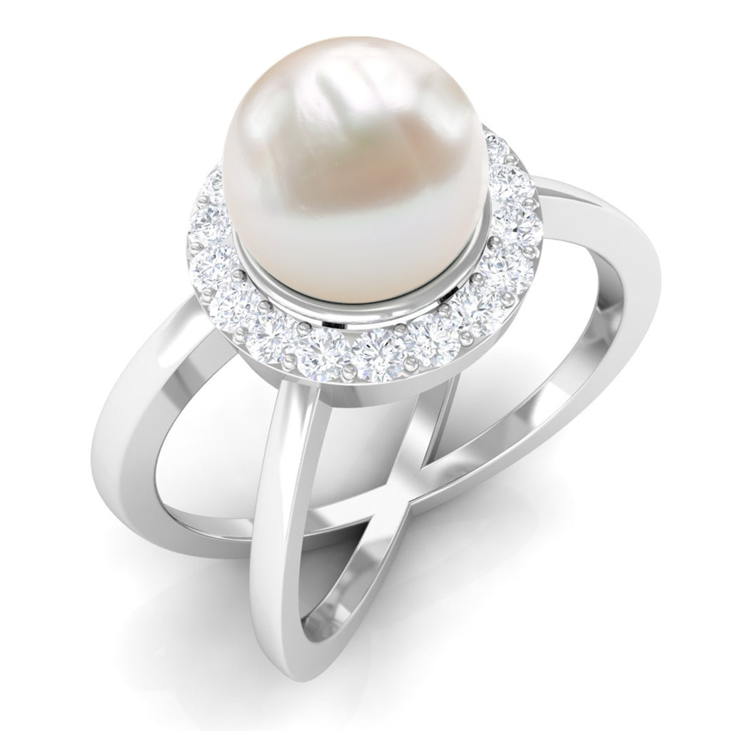 Freshwater Pearl Criss Cross Engagement Ring with Diamond Halo Freshwater Pearl - ( AAA ) - Quality - Rosec Jewels