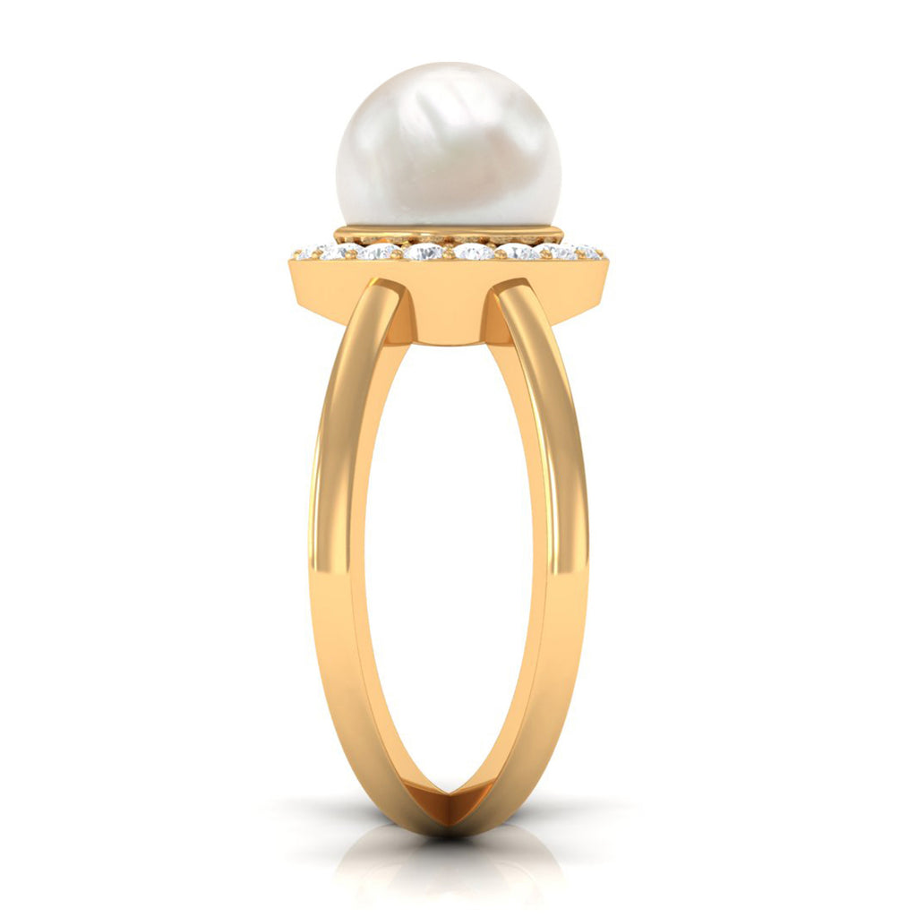 Freshwater Pearl Criss Cross Engagement Ring with Diamond Halo Freshwater Pearl - ( AAA ) - Quality - Rosec Jewels