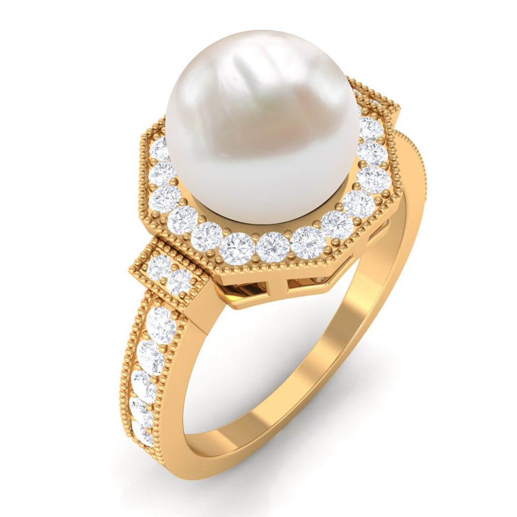 Vintage Inspired Freshwater Pearl Halo Ring with Diamond Freshwater Pearl - ( AAA ) - Quality - Rosec Jewels