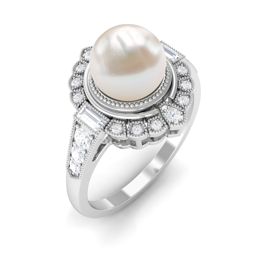Vintage Style Freshwater Pearl and Diamond Engagement Ring Freshwater Pearl - ( AAA ) - Quality - Rosec Jewels