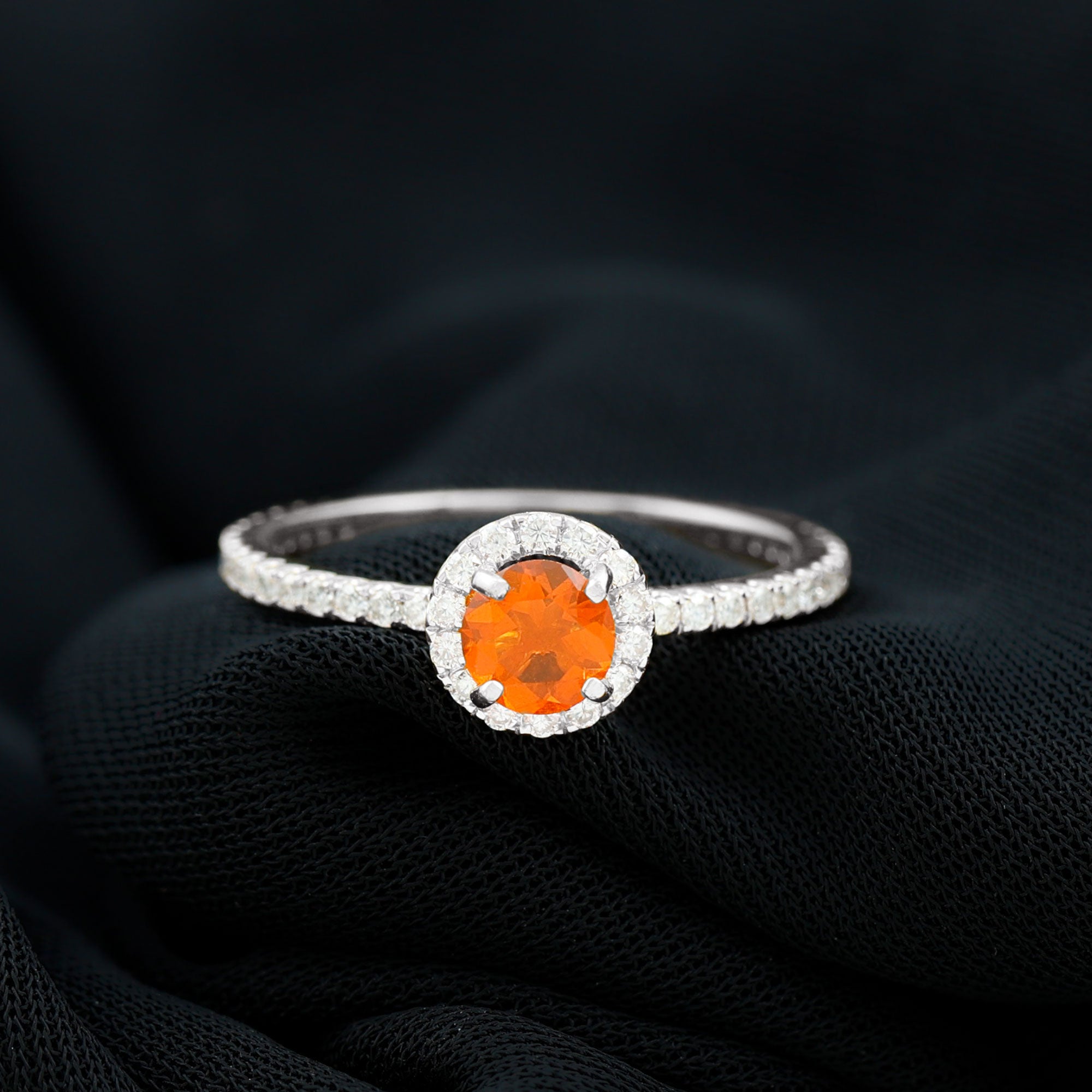 Round Shape Fire Opal Halo Engagement Ring with Diamond Fire Opal - ( AAA ) - Quality - Rosec Jewels