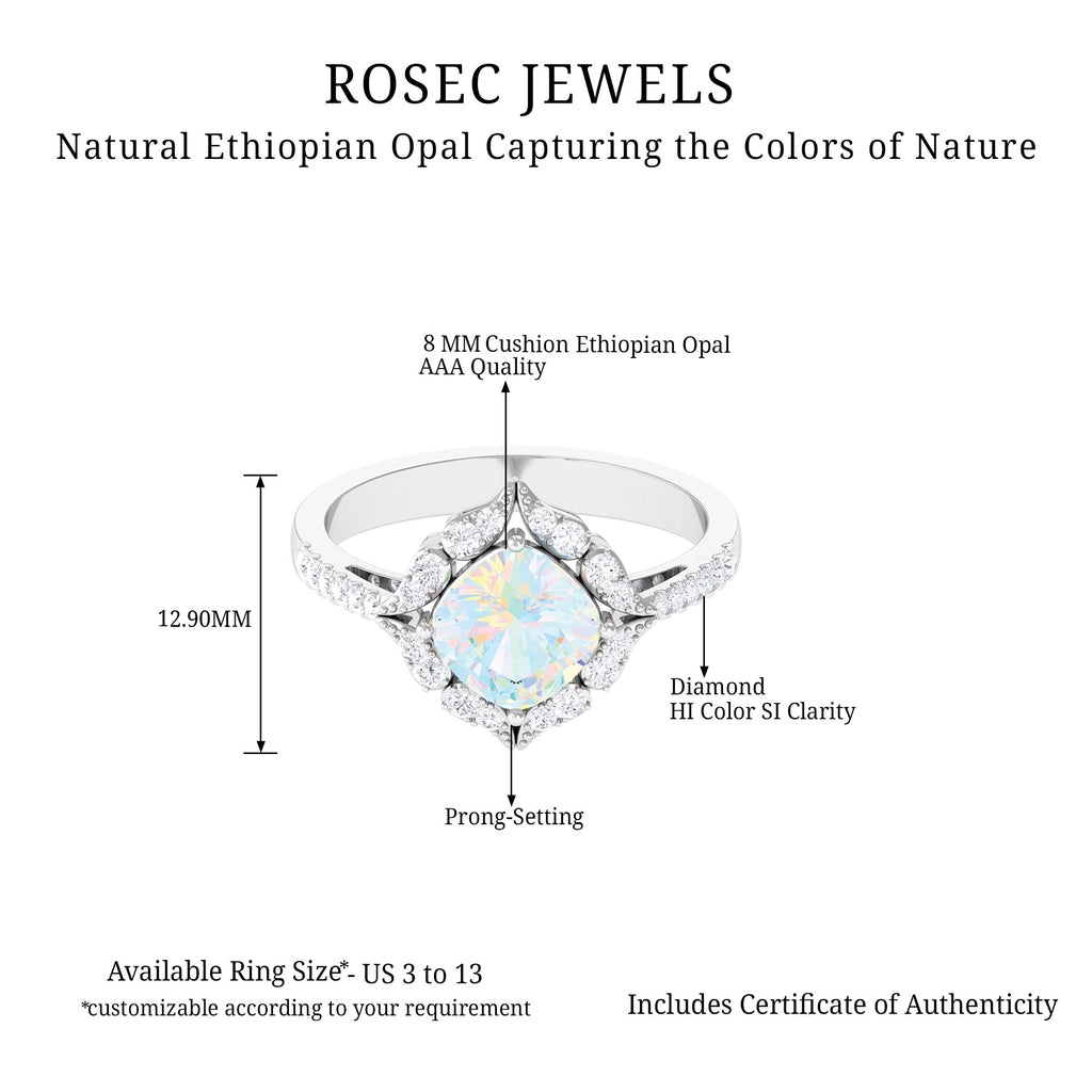 Cushion Cut Ethiopian Opal Flower Engagement Ring with Diamond Ethiopian Opal - ( AAA ) - Quality - Rosec Jewels