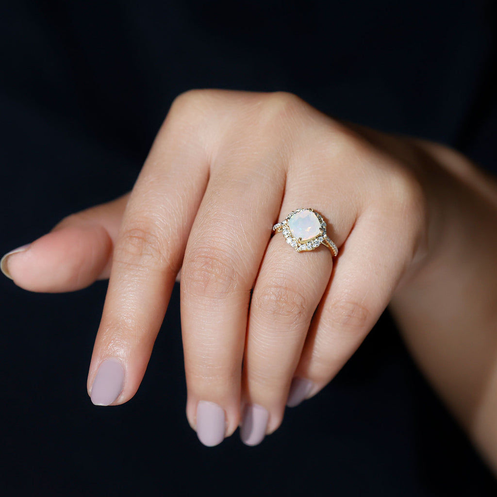Cushion Cut Ethiopian Opal Flower Engagement Ring with Diamond Ethiopian Opal - ( AAA ) - Quality - Rosec Jewels