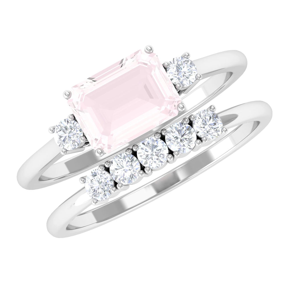 Octagon Cut Rose Quartz Contemporary Wedding Ring Set with Diamond Rose Quartz - ( AAA ) - Quality - Rosec Jewels