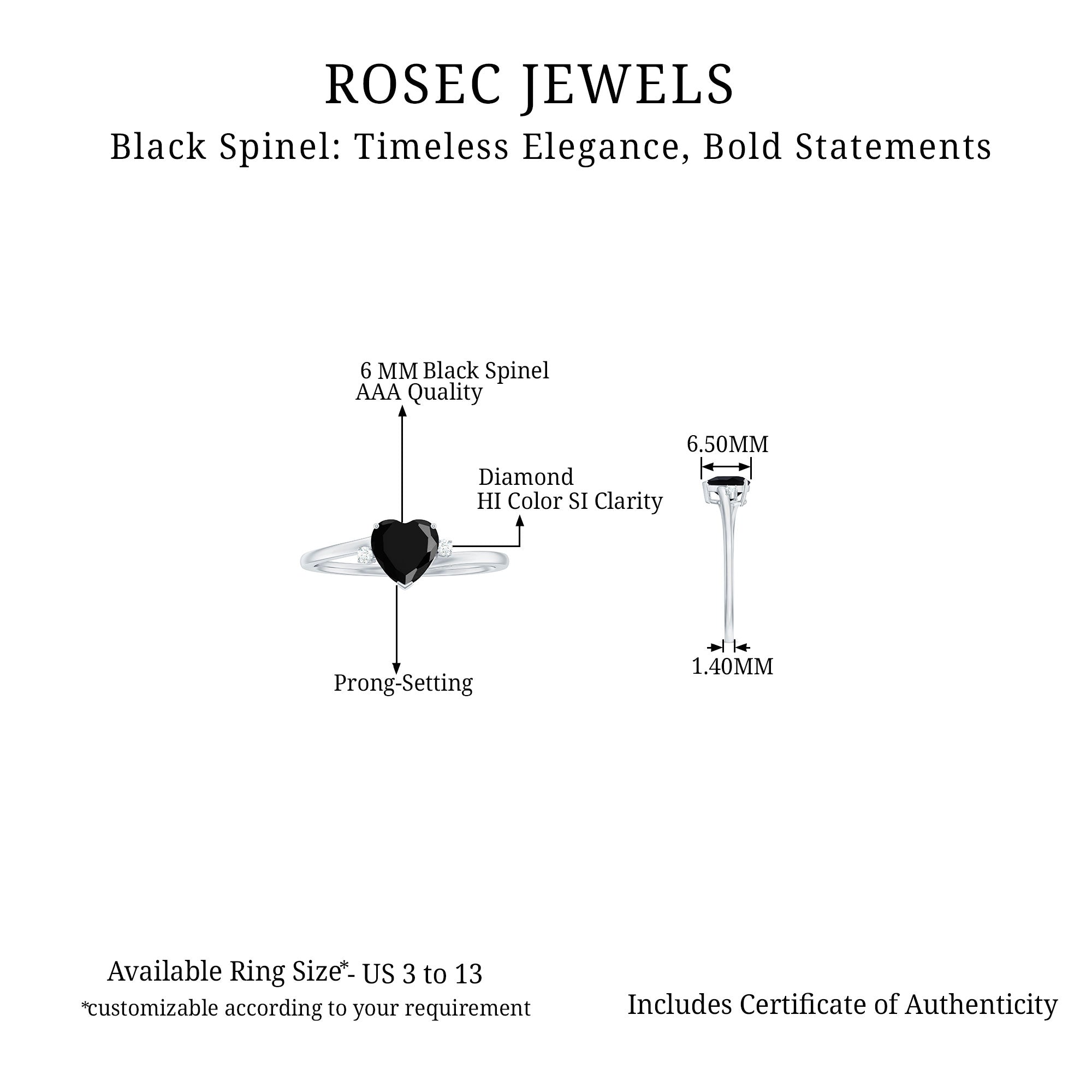 Heart Shape Black Spinel Solitaire Promise Ring with Diamond Black Spinel - ( AAA ) - Quality - Rosec Jewels