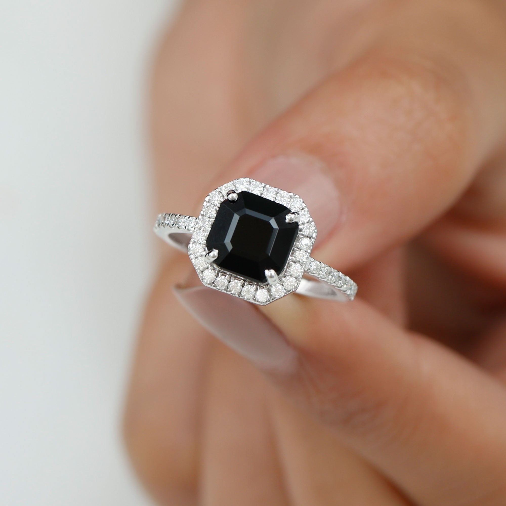 Asscher Cut Black Spinel Halo Engagement Ring with Diamond Black Spinel - ( AAA ) - Quality - Rosec Jewels