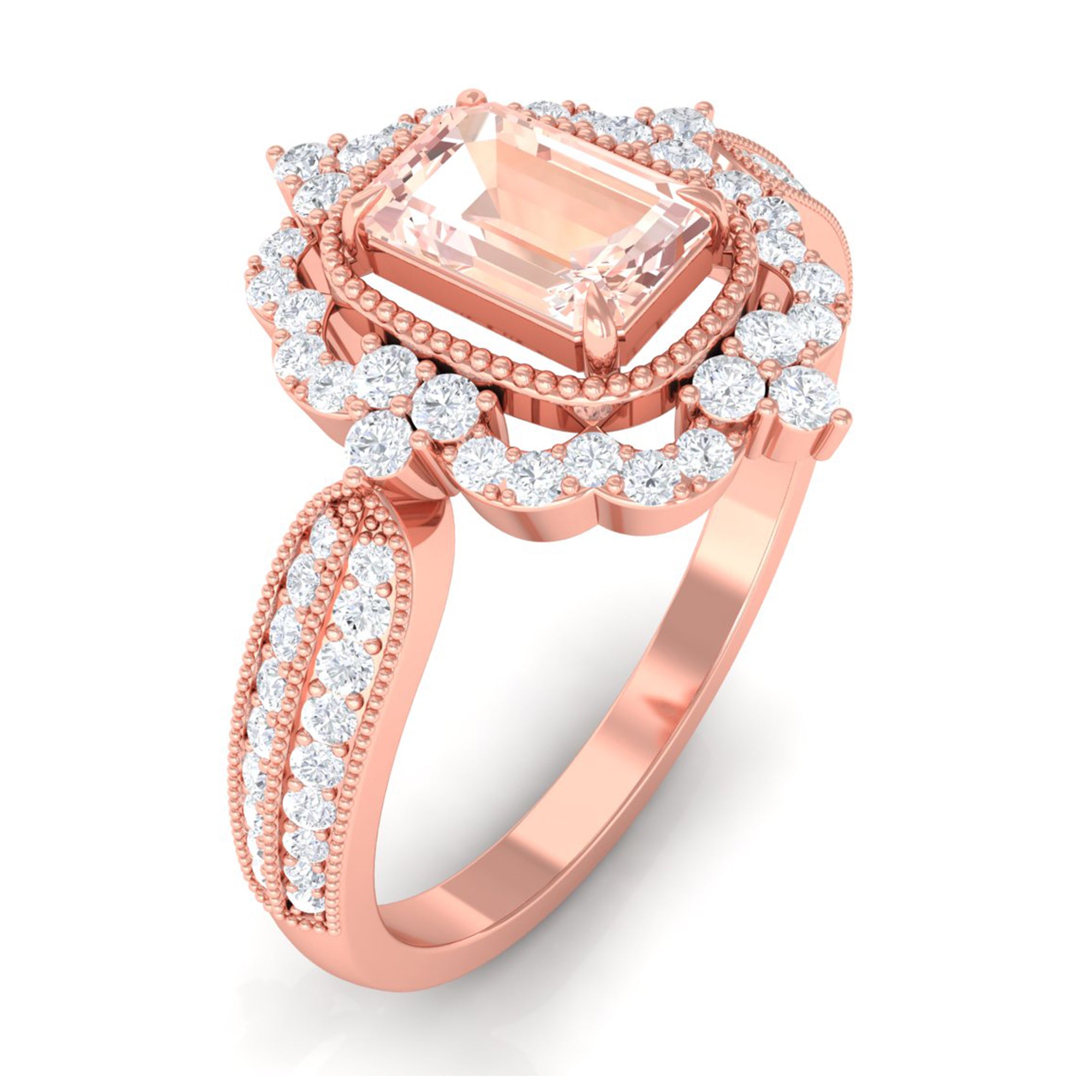 Vintage Style Emerald Cut Morganite Engagement Ring with Diamond Floral Halo Morganite - ( AAA ) - Quality - Rosec Jewels