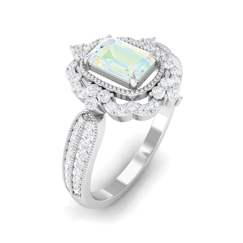 Vintage Style Octagon Ethiopian Opal Engagement Ring with Diamond Floral Halo Ethiopian Opal - ( AAA ) - Quality - Rosec Jewels