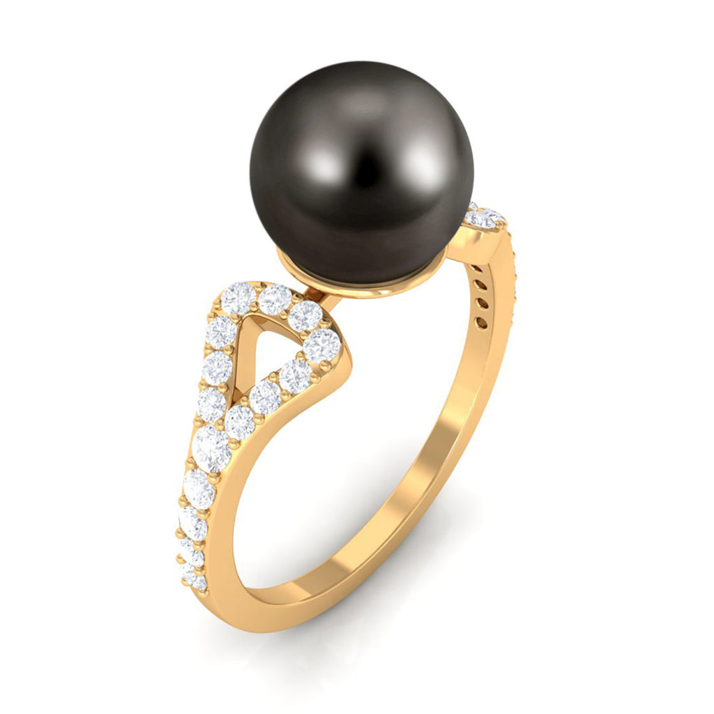 Round Tahitian Pearl Solitaire Engagement Ring with Diamond Tahitian pearl - ( AAA ) - Quality - Rosec Jewels