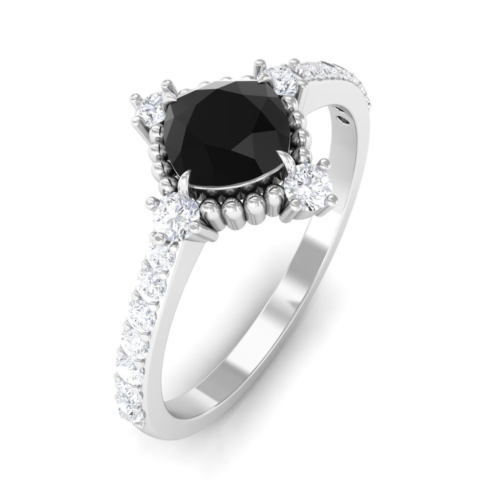1 CT Cushion Black Spinel Solitaire Engagement Ring with Diamond Side Stones Black Spinel - ( AAA ) - Quality - Rosec Jewels