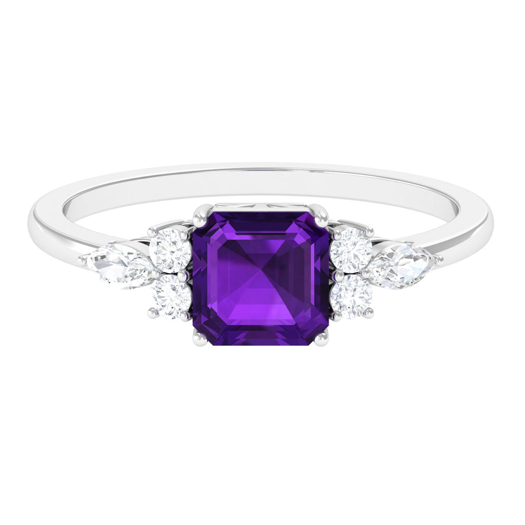 Asscher Cut Amethyst Solitaire Engagement Ring with Diamond Trio Amethyst - ( AAA ) - Quality - Rosec Jewels