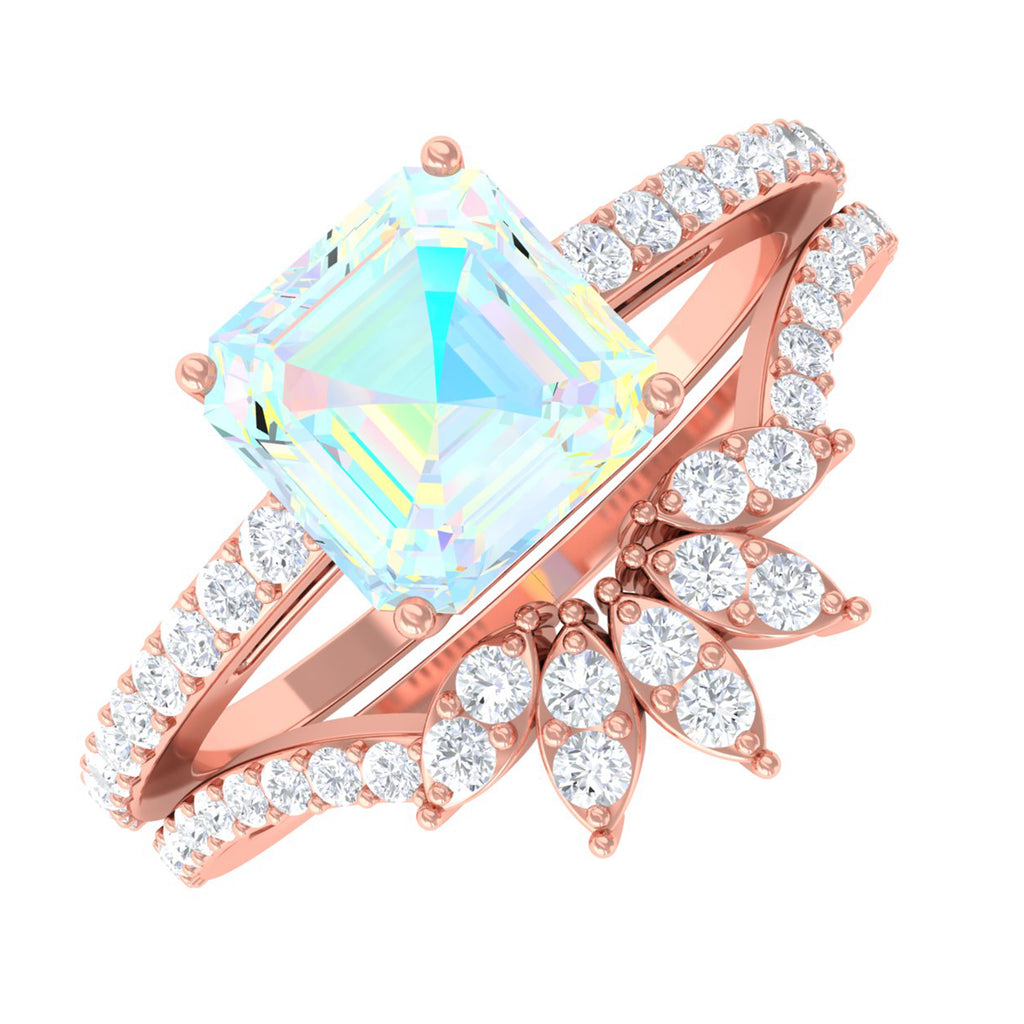 Asscher Cut Ethiopian Opal Solitaire Wedding Ring Set with Diamond Accent Ethiopian Opal - ( AAA ) - Quality - Rosec Jewels