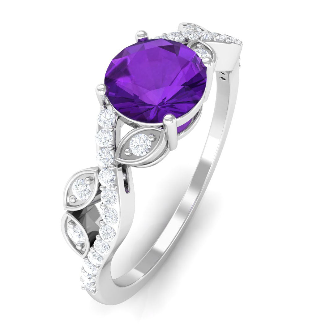 Nature Inspired Amethyst and Diamond Solitaire Engagement Ring Amethyst - ( AAA ) - Quality - Rosec Jewels