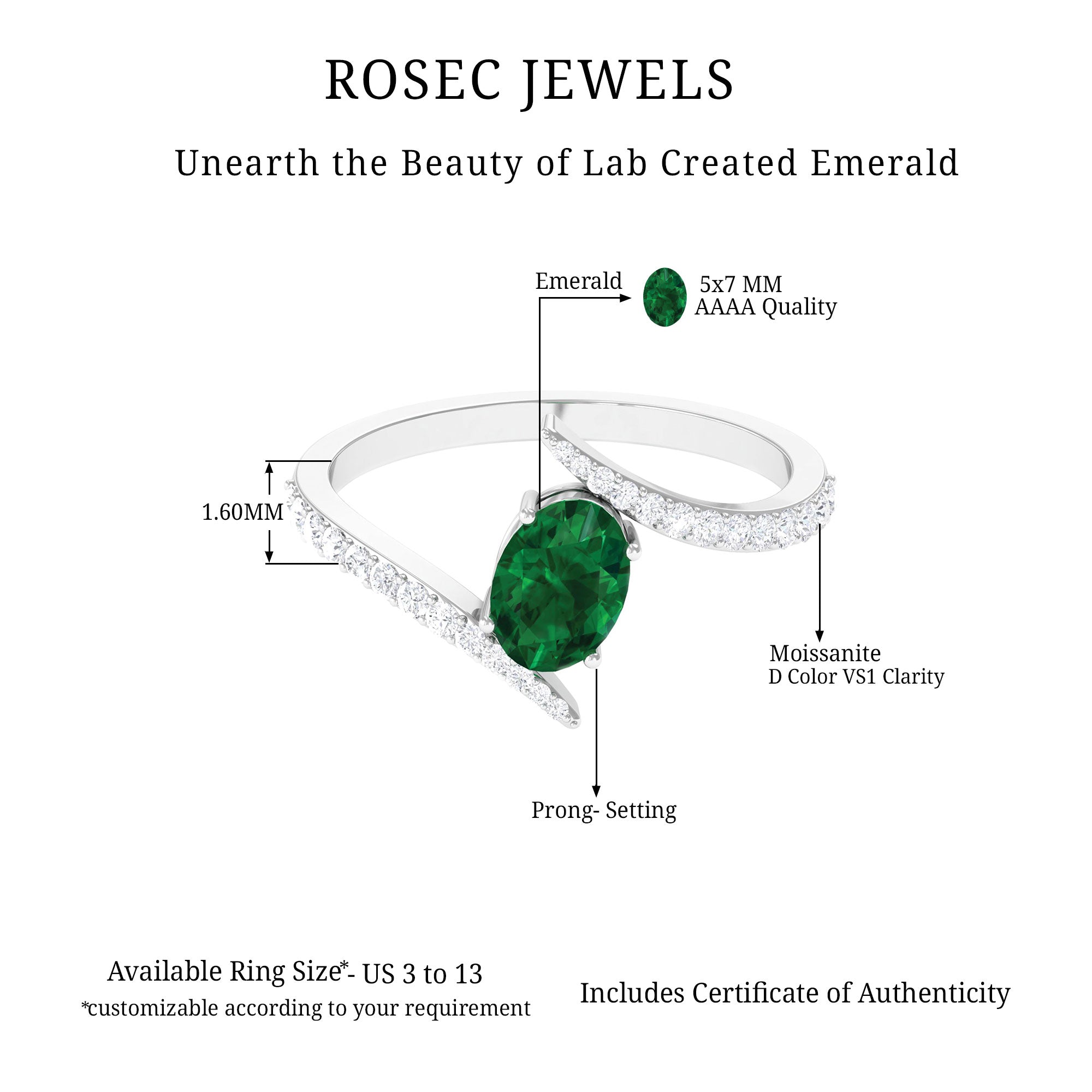 Oval Shape Lab Grown Emerald Solitaire Bypass Ring with Moissanite - Rosec Jewels
