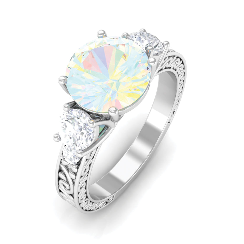 Round Ethiopian Opal and Moissanite Art Deco Engagement Ring in Gold Ethiopian Opal - ( AAA ) - Quality - Rosec Jewels