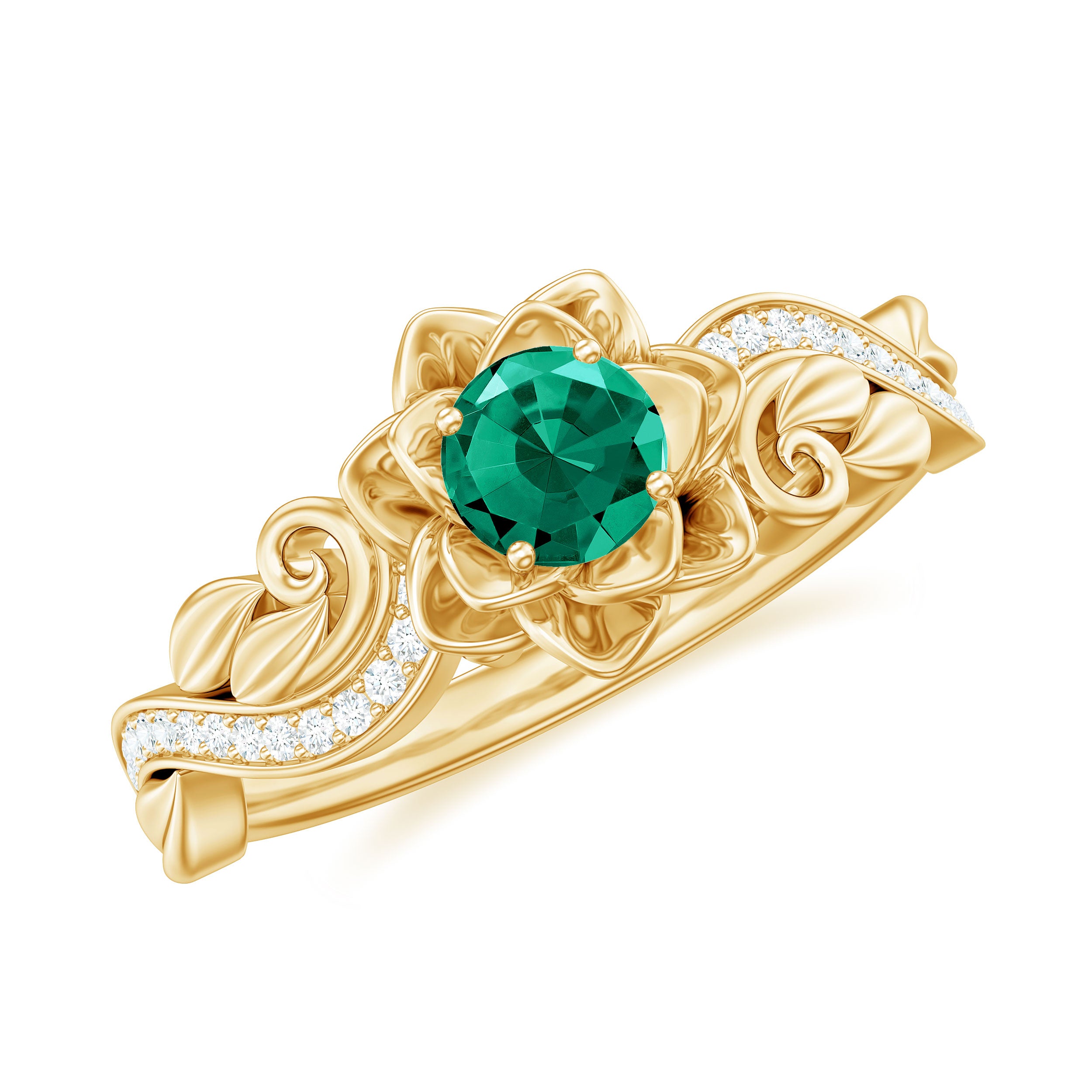 Flower Inspired Created Emerald Engagement Ring with Moissanite Yellow Gold - Rosec Jewels