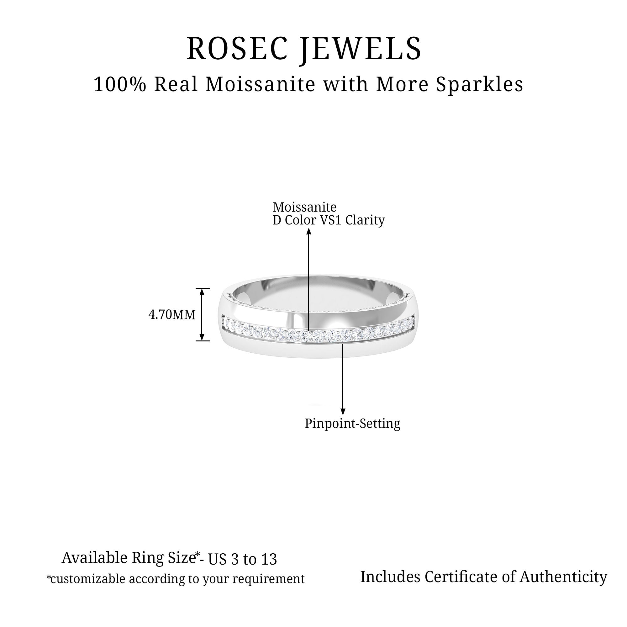 Moissanite Classic Wedding Band Ring For Men Moissanite - ( D-VS1 ) - Color and Clarity 92.5 Sterling Silver 8.5 - Rosec Jewels