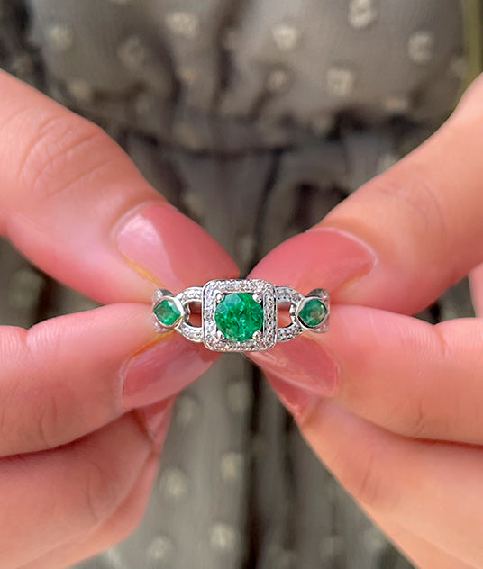 Natural Emerald and Diamond Vintage Engagement Ring Emerald - ( AAA ) - Quality - Rosec Jewels