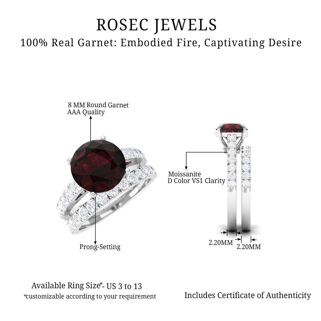 Garnet Solitaire Engagement Ring with Moissanite Wedding Band Garnet - ( AAA ) - Quality - Rosec Jewels