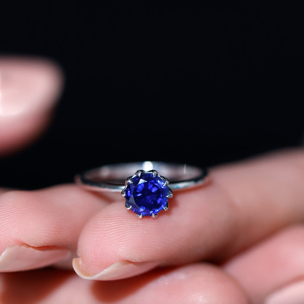 1 CT Lotus Basket Set Created Blue Sapphire Solitaire Ring Lab Created Blue Sapphire - ( AAAA ) - Quality - Rosec Jewels