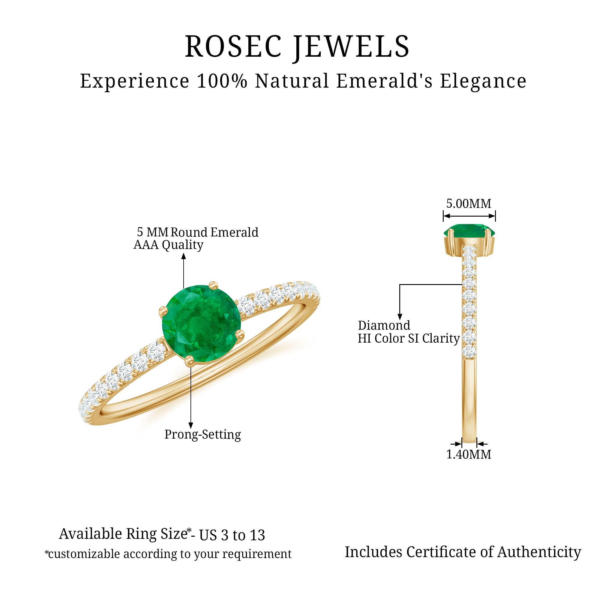 3/4 CT Classic Solitaire Engagement Ring with Emerald and Diamond Emerald - ( AAA ) - Quality - Rosec Jewels