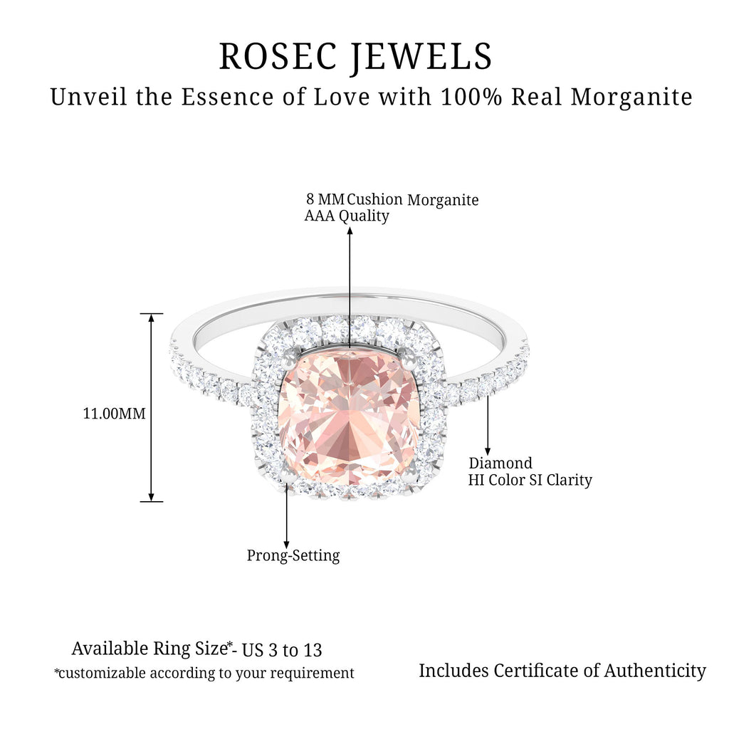 Real Morganite Engagement Ring with Diamond Halo Morganite - ( AAA ) - Quality - Rosec Jewels