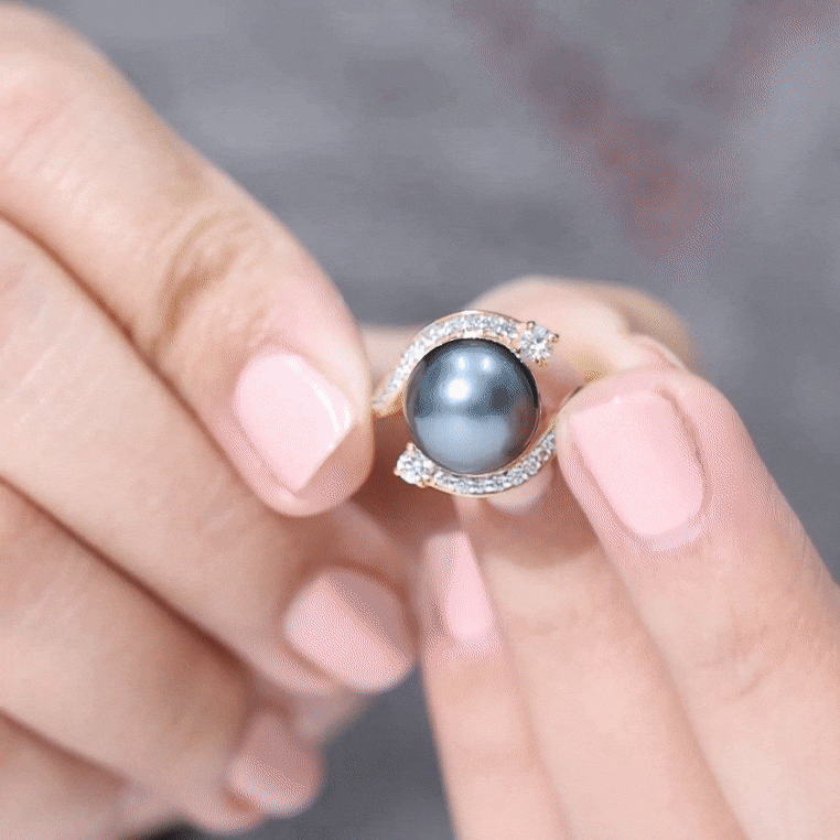 Solitaire Tahitian Pearl Bypass Engagement Ring with Diamond in Gold Tahitian pearl - ( AAA ) - Quality - Rosec Jewels