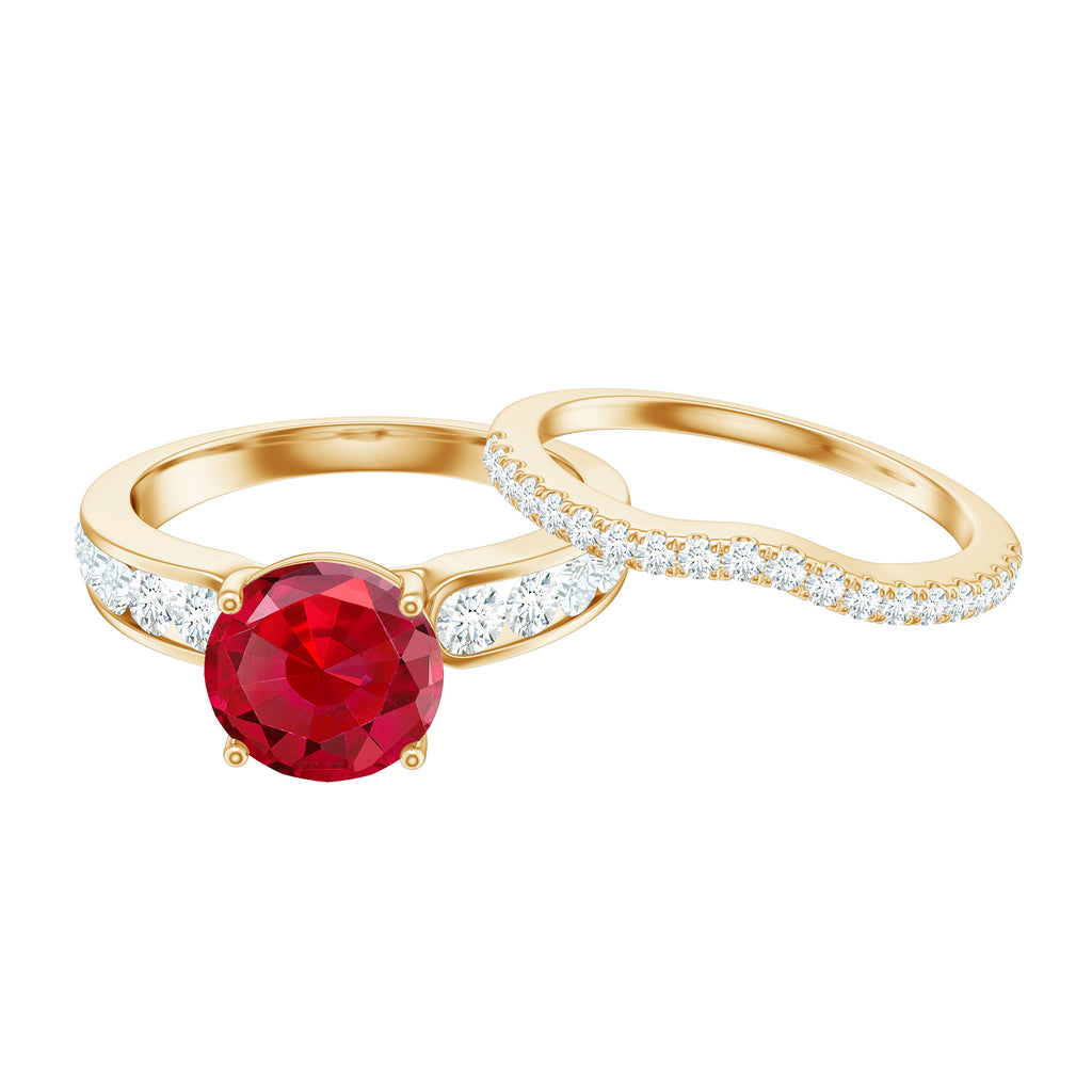 Certified Lab Grown Ruby And Moissanite Engagement Ring Set Lab Created Ruby - ( AAAA ) - Quality - Rosec Jewels