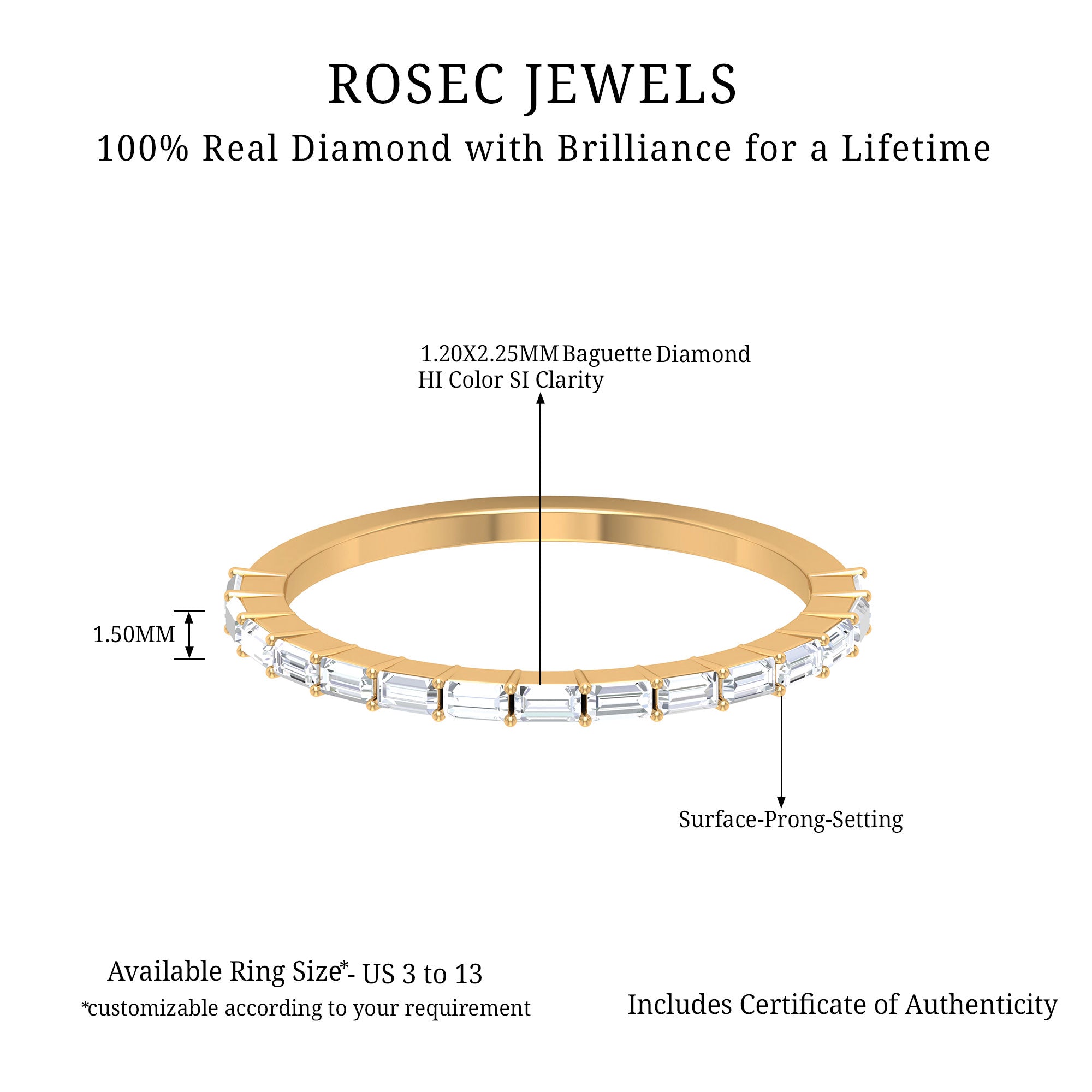 1/2 CT Diamond Stackable Ring in Shared Prong Setting Diamond - ( HI-SI ) - Color and Clarity - Rosec Jewels