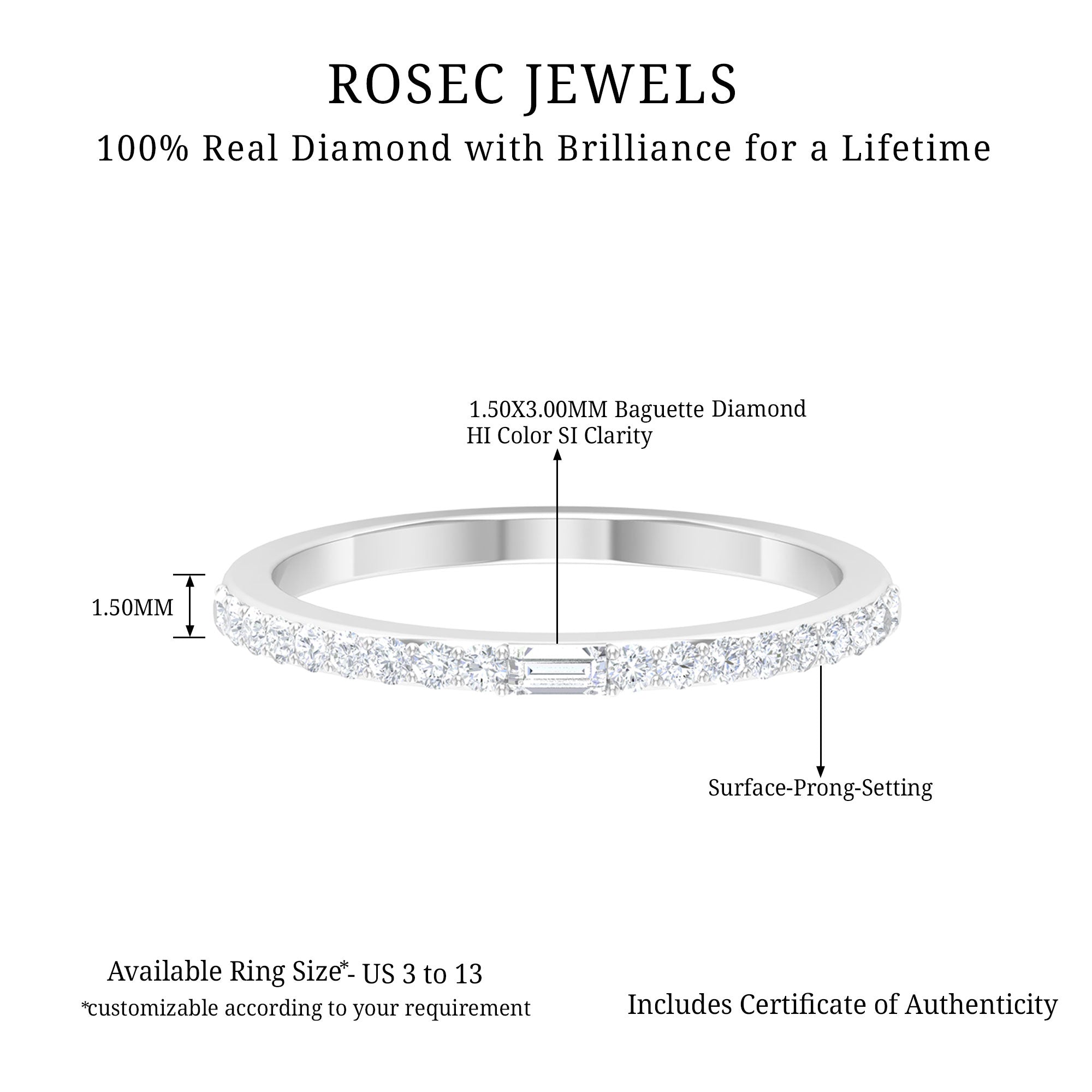 Real Diamond Half Eternity Ring Diamond - ( HI-SI ) - Color and Clarity - Rosec Jewels