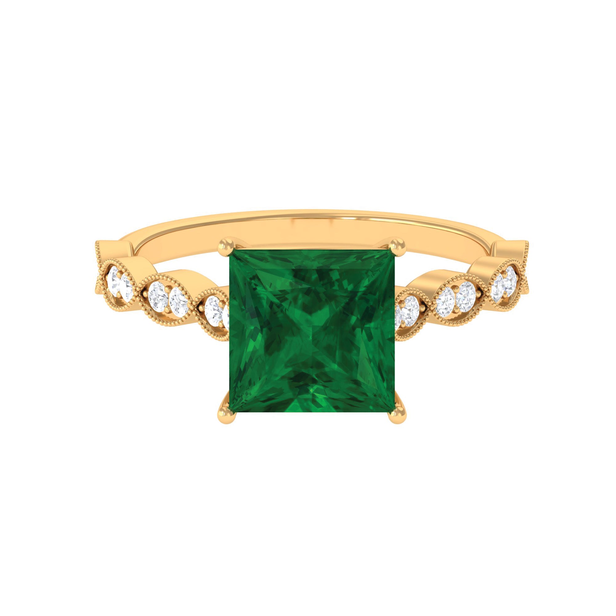 Princess Cut Created Emerald Solitaire Engagement Ring with Moissanite Yellow Gold Lab Created Emerald - ( AAAA ) - Quality 14K Yellow Gold - Rosec Jewels