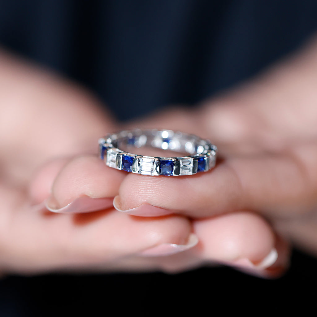 Princess Cut Created Blue Sapphire Full Eternity Ring with Moissanite Lab Created Blue Sapphire - ( AAAA ) - Quality - Rosec Jewels