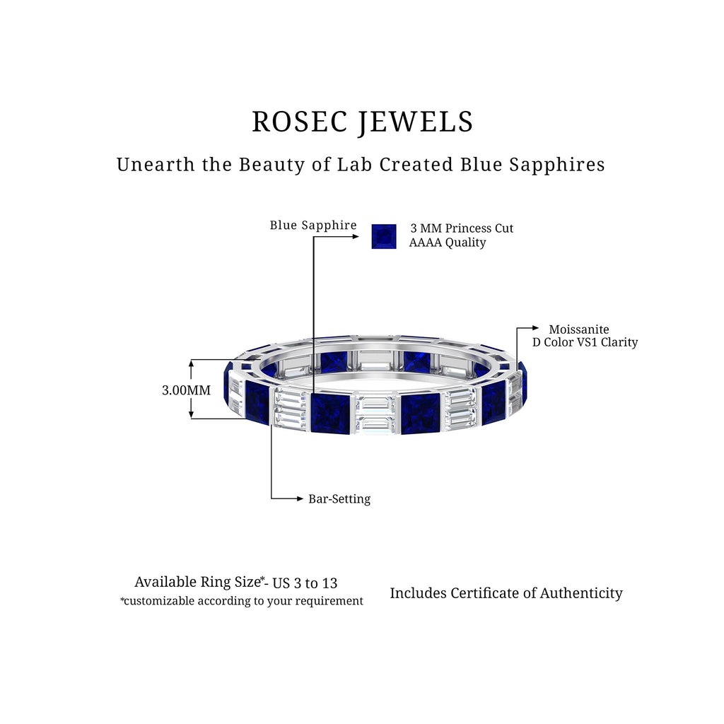 Princess Cut Created Blue Sapphire Full Eternity Ring with Moissanite Lab Created Blue Sapphire - ( AAAA ) - Quality - Rosec Jewels