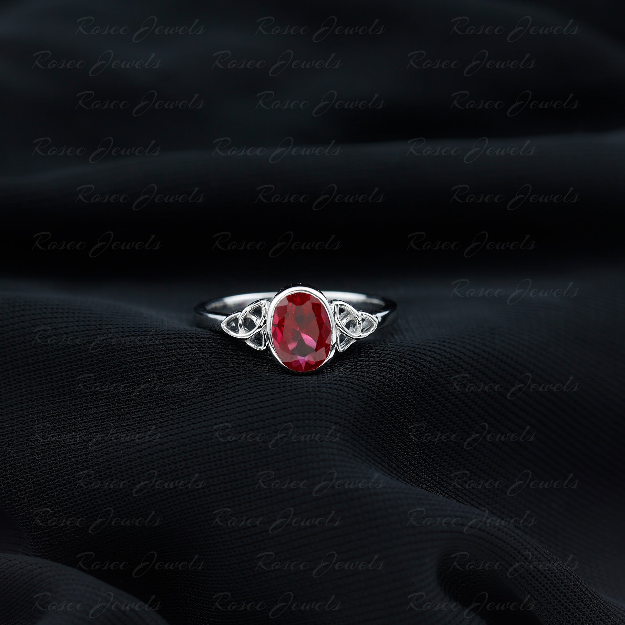 Oval Shape Lab Grown Ruby Solitaire Celtic Knot Ring Lab Created Ruby - ( AAAA ) - Quality 92.5 Sterling Silver 8 - Rosec Jewels