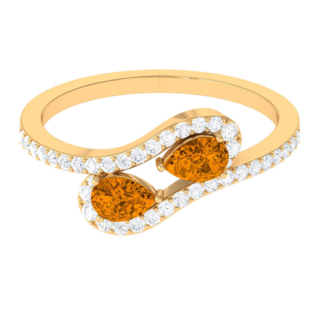 Pear Shape Citrine Two Stone Bypass Ring with Diamond Citrine - ( AAA ) - Quality - Rosec Jewels