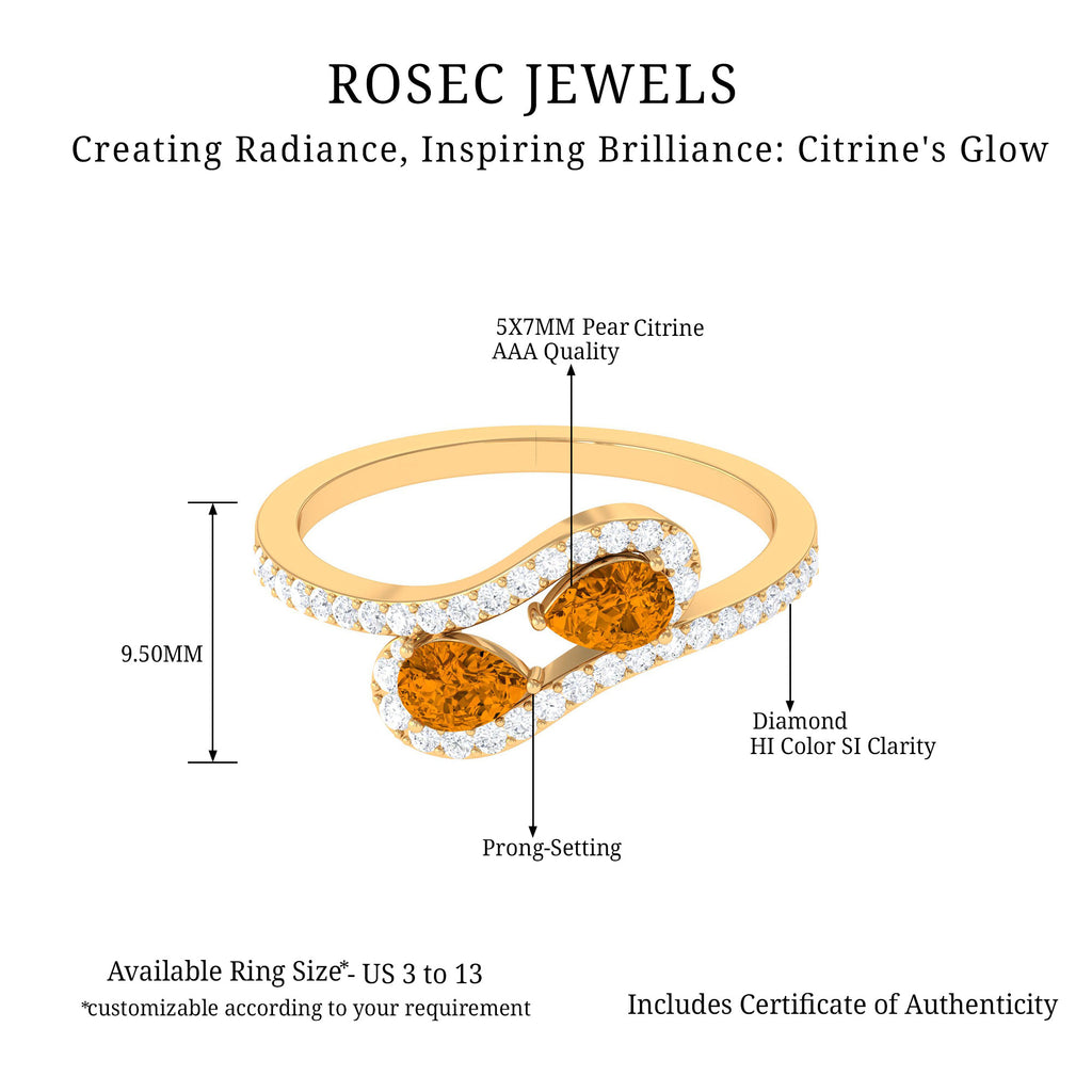 Pear Shape Citrine Two Stone Bypass Ring with Diamond Citrine - ( AAA ) - Quality - Rosec Jewels