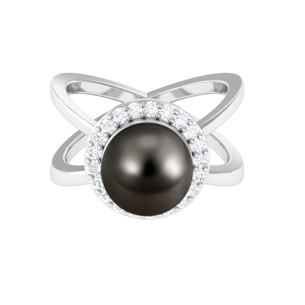 Split Shank Tahitian Pearl Solitaire with Diamond Halo Ring Tahitian pearl - ( AAA ) - Quality - Rosec Jewels