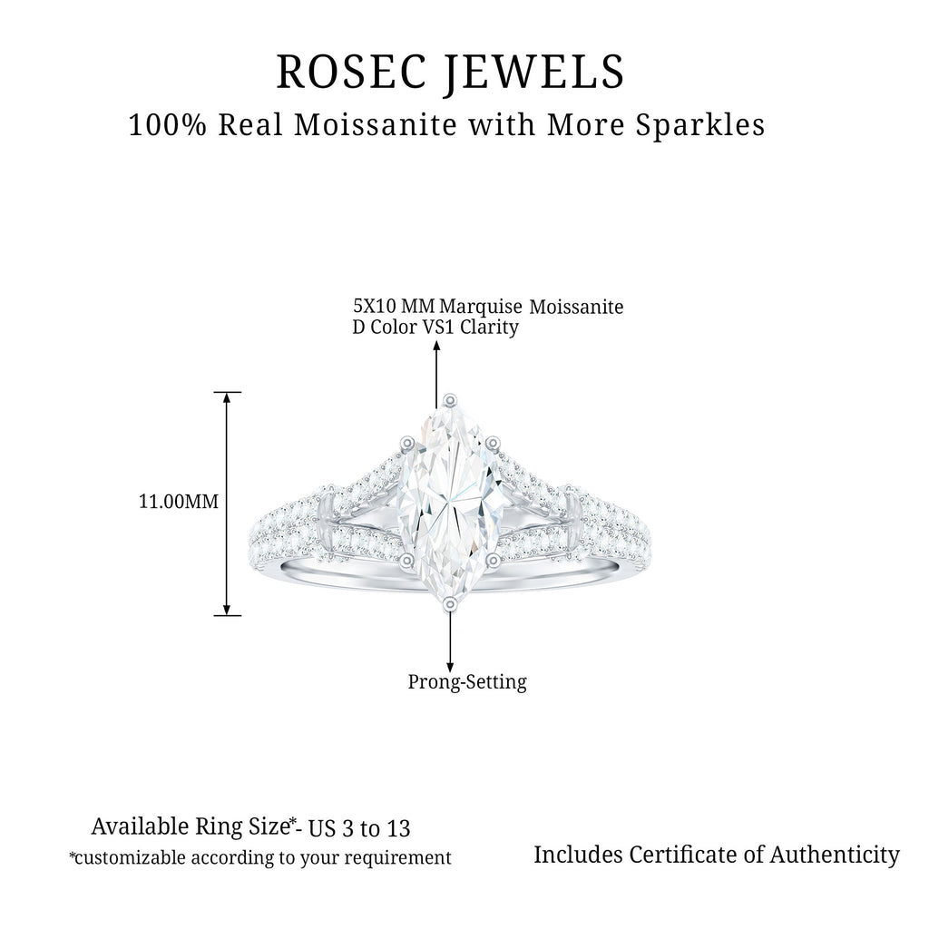 Marquise Cut Moissanite Solitaire Engagement Ring in Split Shank Moissanite - ( D-VS1 ) - Color and Clarity - Rosec Jewels