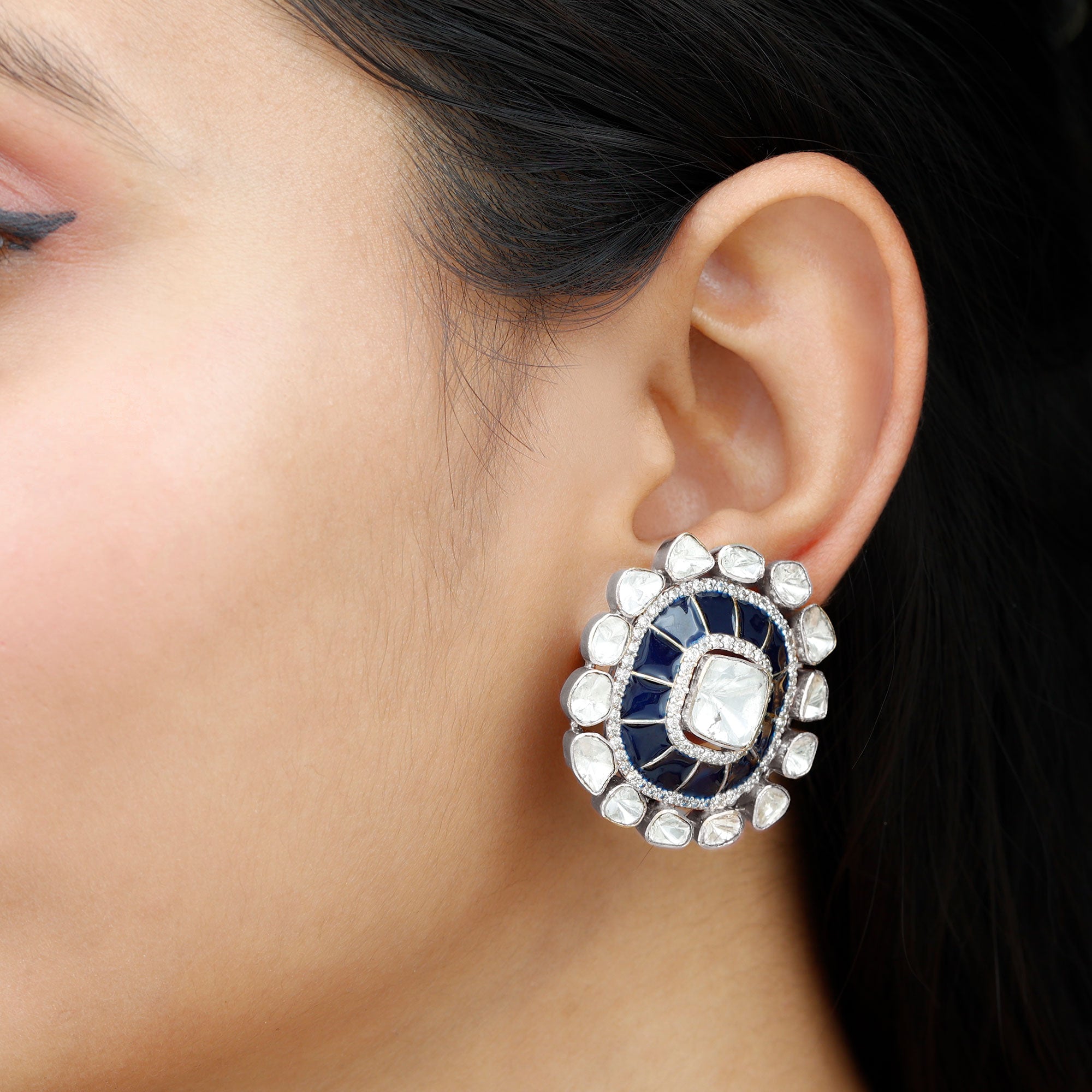 14K Gold Polki Diamond Enamel Stud Earrings in Vintage Style - Rosec Jewels
