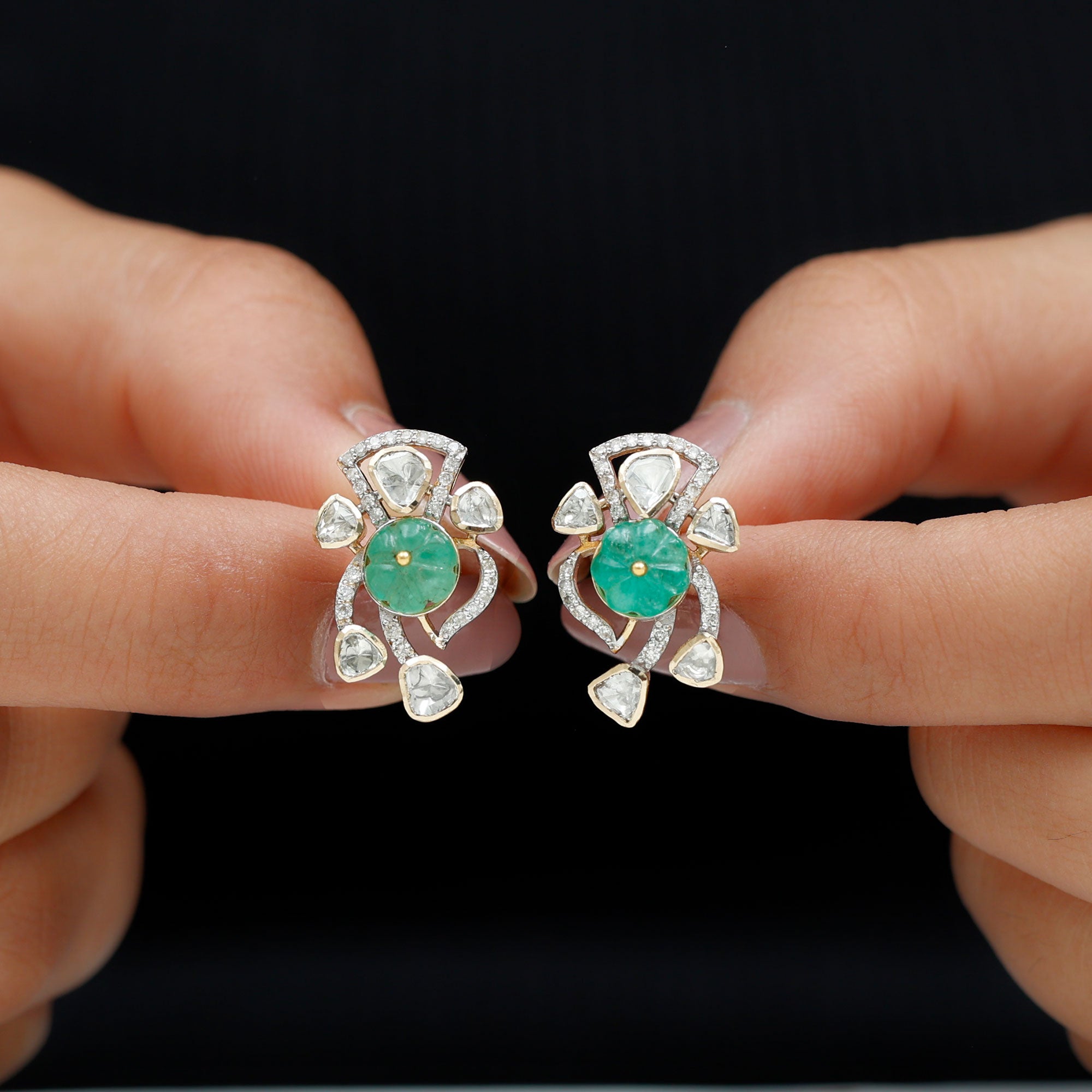 14k Gold Designer Stud Earrings with Emerald and Polki Diamond - Rosec Jewels