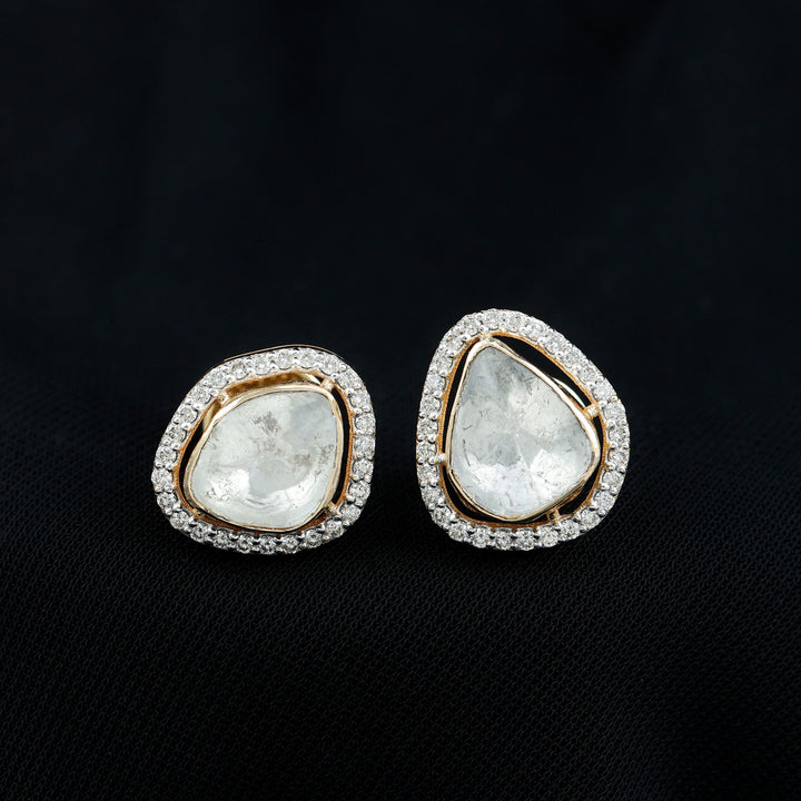 Elegant Single Polki Diamond Halo Stud Earrings in 14k Gold - Rosec Jewels