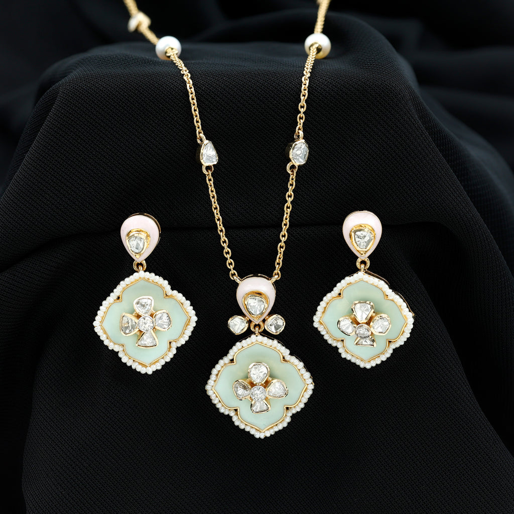 Polki Diamond and Enamel Flower Necklace Set with Freshwater Pearl - Rosec Jewels