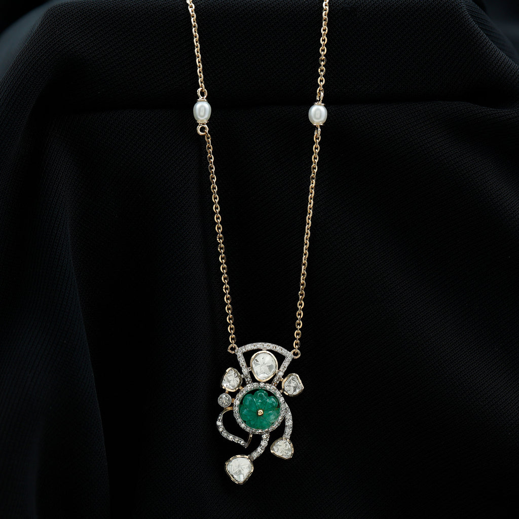 Created Emerald and Uncut Diamond Designer Necklace with Freshwater Pearls - Rosec Jewels