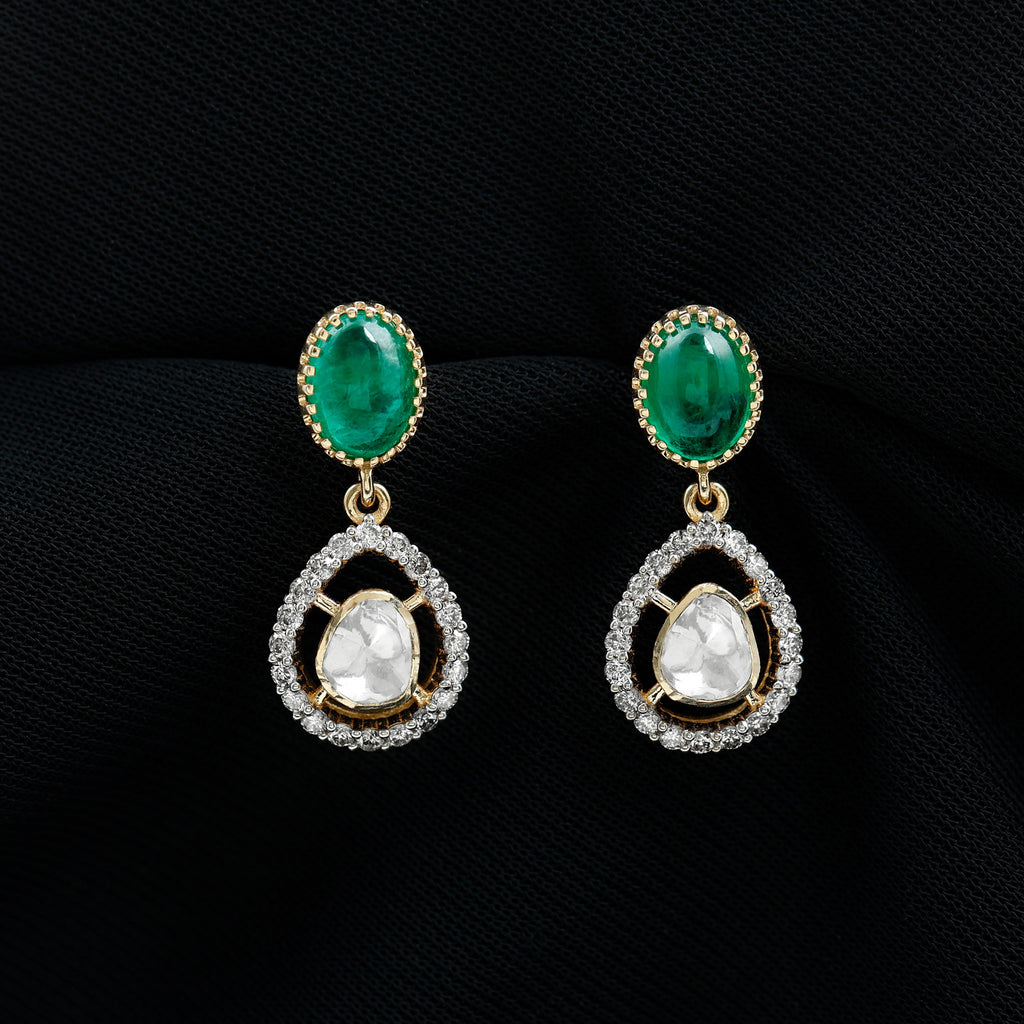 Polki Diamond Teardrop Earrings with Oval Emerald - Rosec Jewels