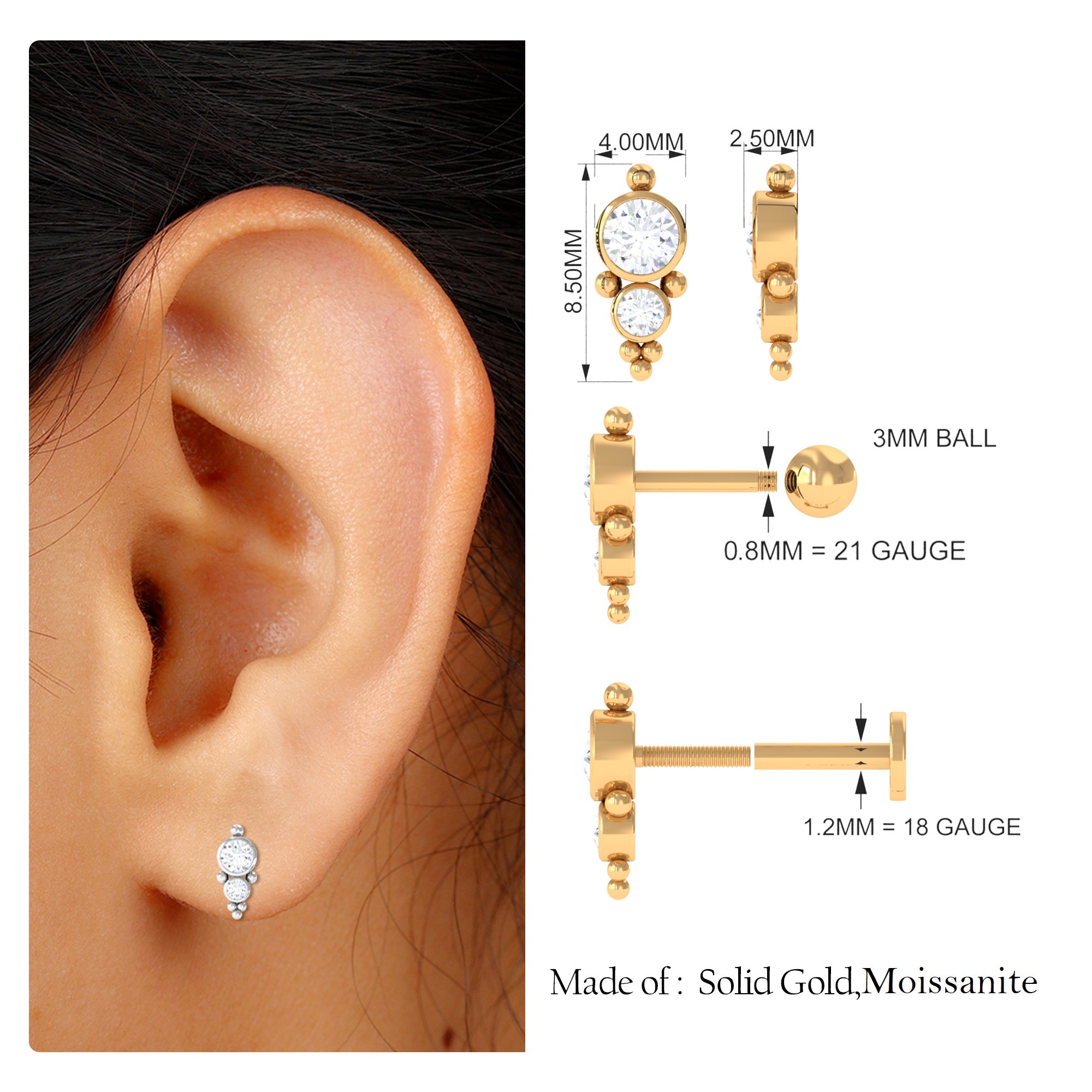 Simple Bezel Set Moissanite Two Stone Tragus Earring Moissanite - ( D-VS1 ) - Color and Clarity - Rosec Jewels
