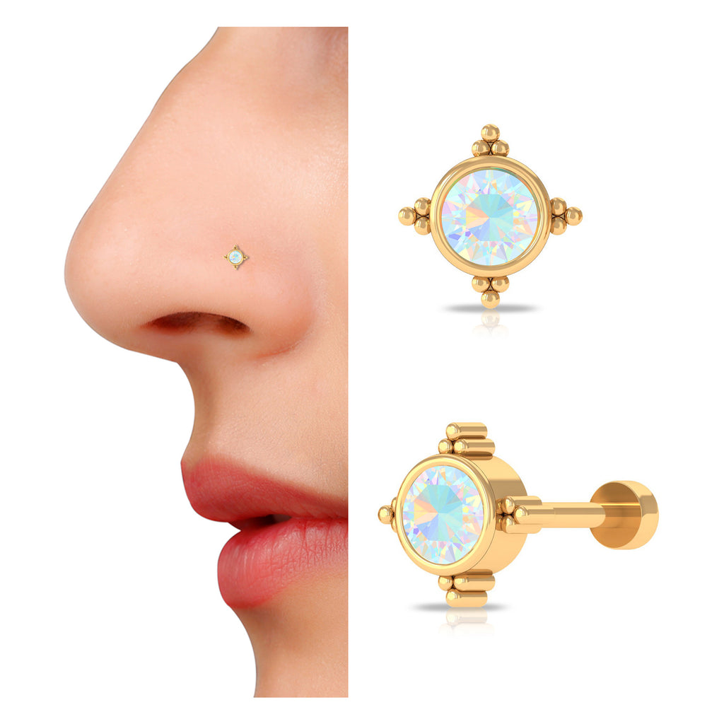 Simple Ethiopian Opal Gold Beaded Nose Stud Ethiopian Opal - ( AAA ) - Quality - Rosec Jewels