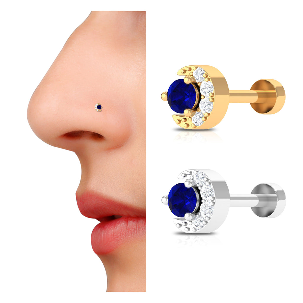 Blue Sapphire Moon Celestial Nose Pin in Gold Blue Sapphire - ( AAA ) - Quality - Rosec Jewels