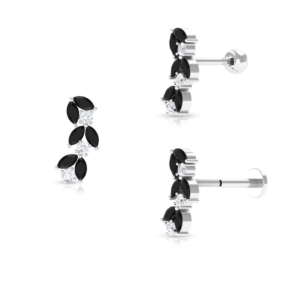 Marquise Black Onyx and Moissanite Leaf Ear Crawler Earring Black Onyx - ( AAA ) - Quality - Rosec Jewels